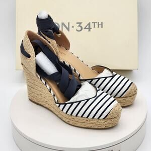 On 34th Melinda Navy White Stripe Lace-Up Espadrille Wedges Women’s Size 9
